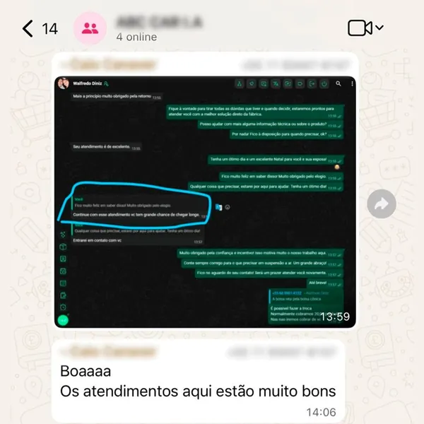 Cliente final elogiando o atendimento