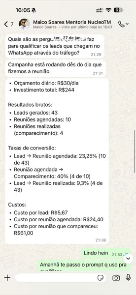 Maicon, meu mentorado: R$244 investidos, 43 leads e 10 reuniões